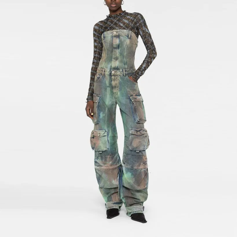 Street cargo jumpsuit and mid-waist tie-dye effect