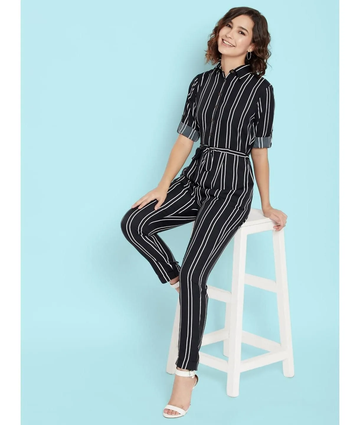 Striped Roll Up Jumpsuit