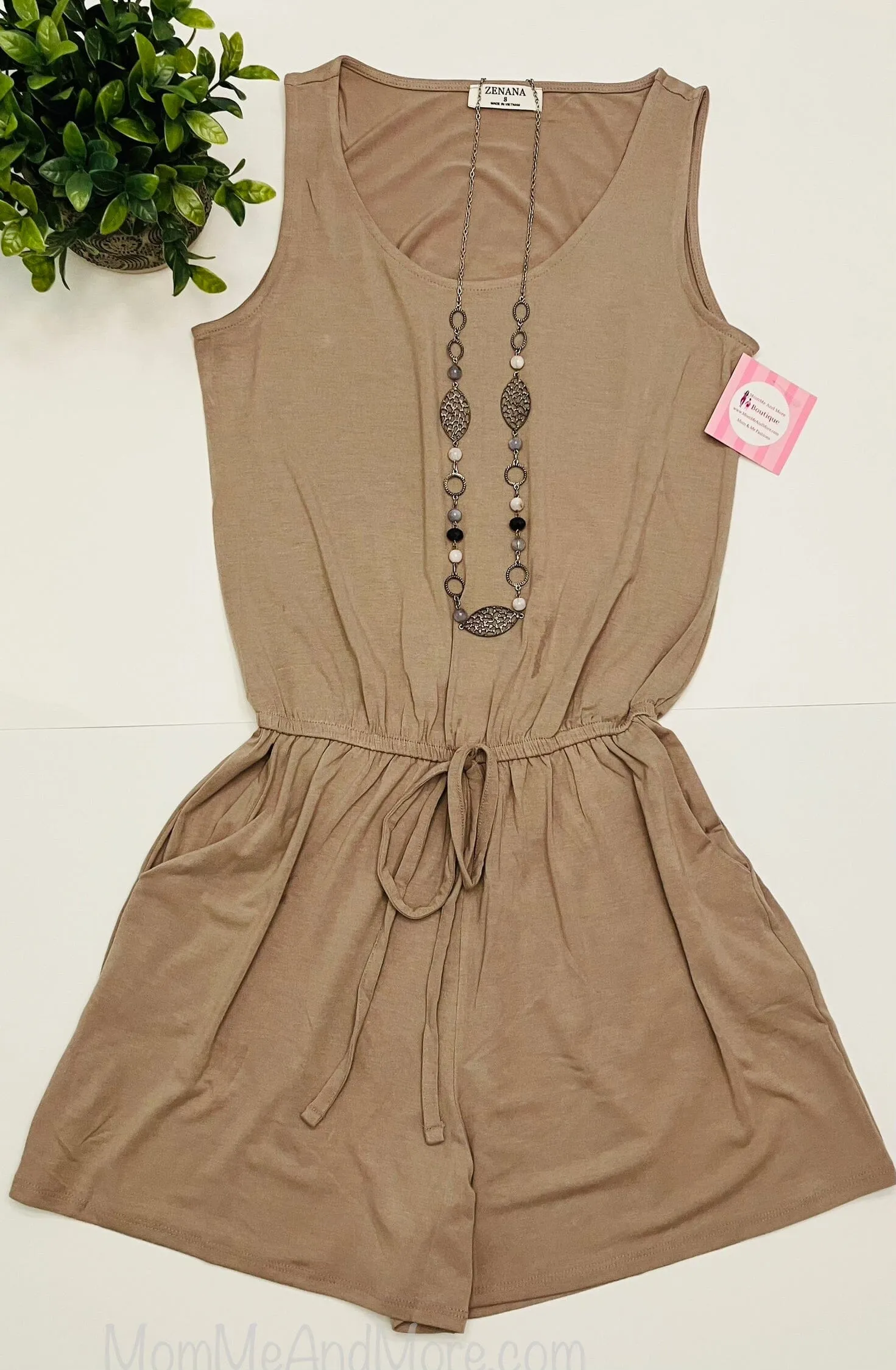 Womens Beige Shorts Romper, Summer Tank Top Jumpsuit, Sizes S/M/L/XL, Solid Beige