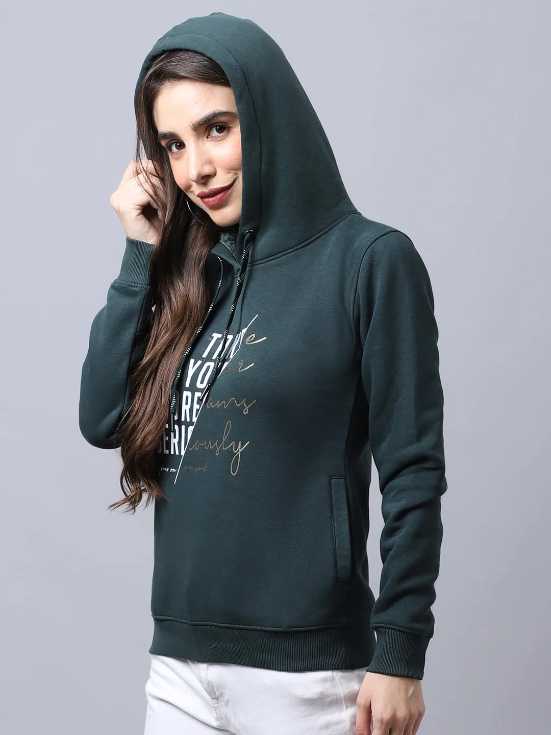 Women's Casual  Bottle Green Regular Full Sleeve Pullover Hoodie Sweatshirt