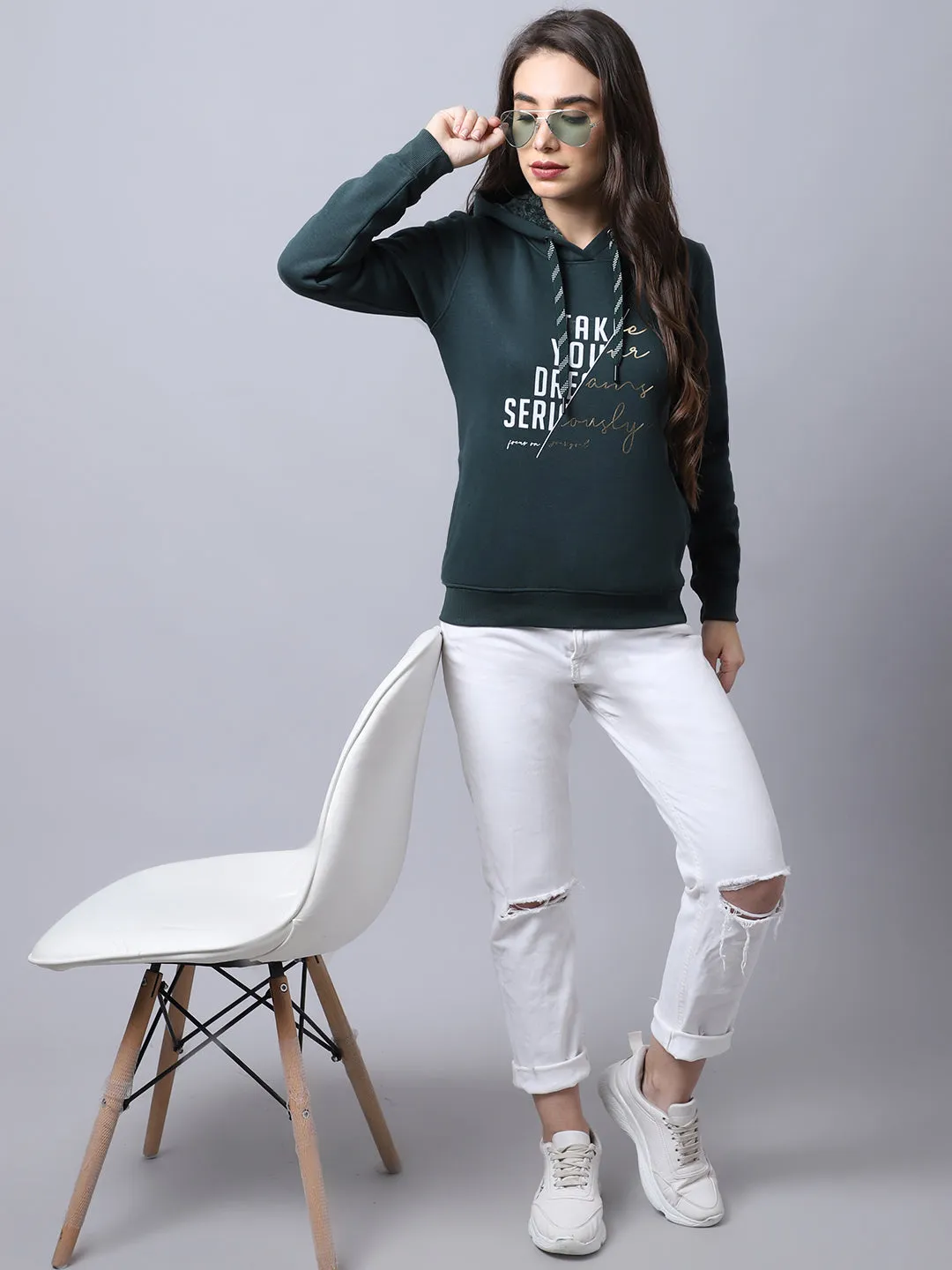 Women's Casual  Bottle Green Regular Full Sleeve Pullover Hoodie Sweatshirt