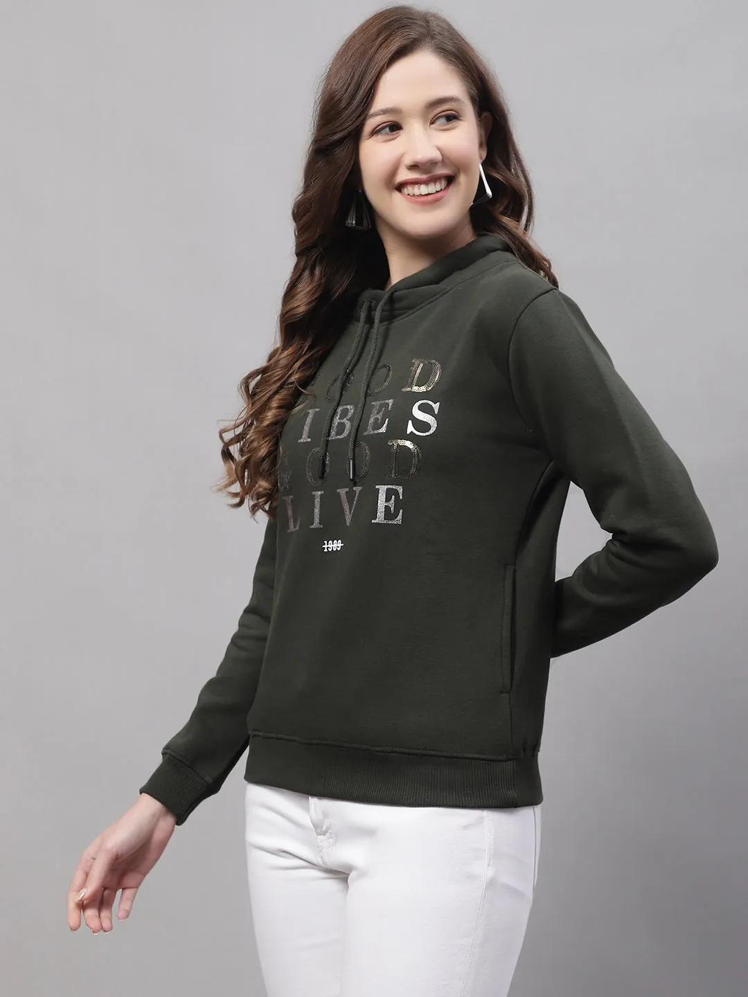 Women's Casual  Olive Green Regular Full Sleeve Pullover Sweatshirt