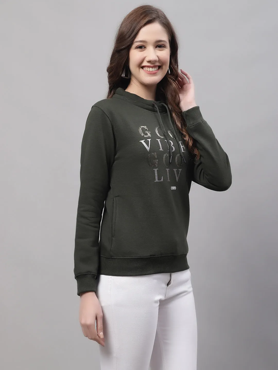 Women's Casual  Olive Green Regular Full Sleeve Pullover Sweatshirt