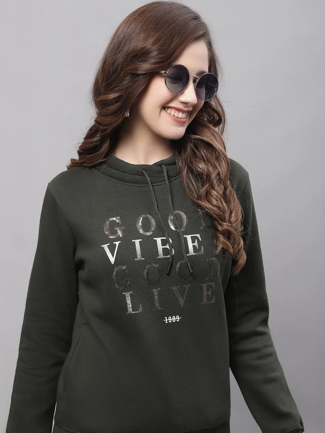 Women's Casual  Olive Green Regular Full Sleeve Pullover Sweatshirt