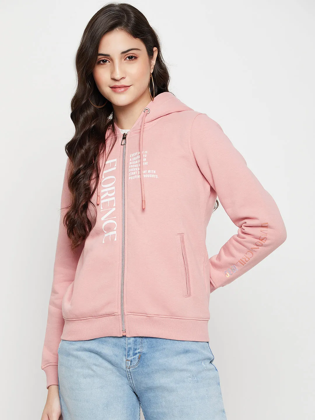 Women's Casual  Pink Regular Full Sleeve Zipthru Hoodie Sweatshirt