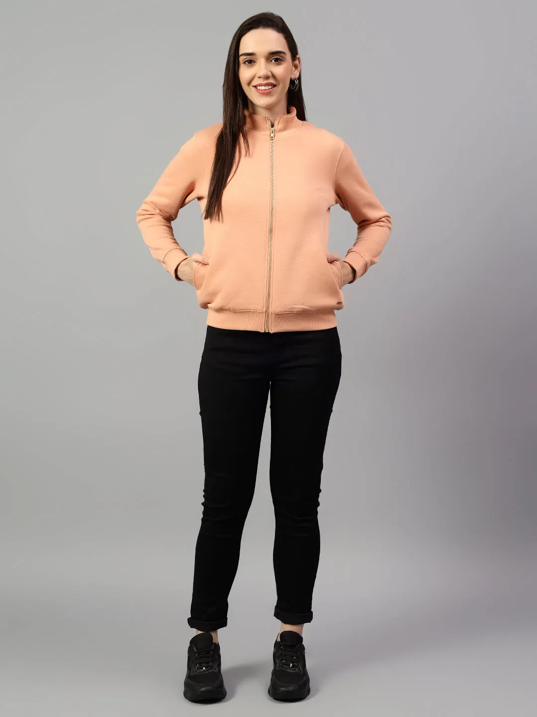 Women's Peach Solid Mock Collar Sweatshirt