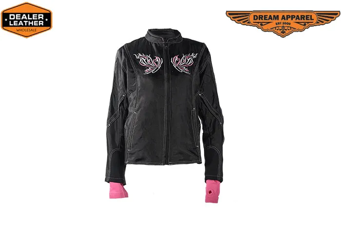 Women's Textile Jacket With Pink Removable Hoodie & Butterfly Embroidery Design